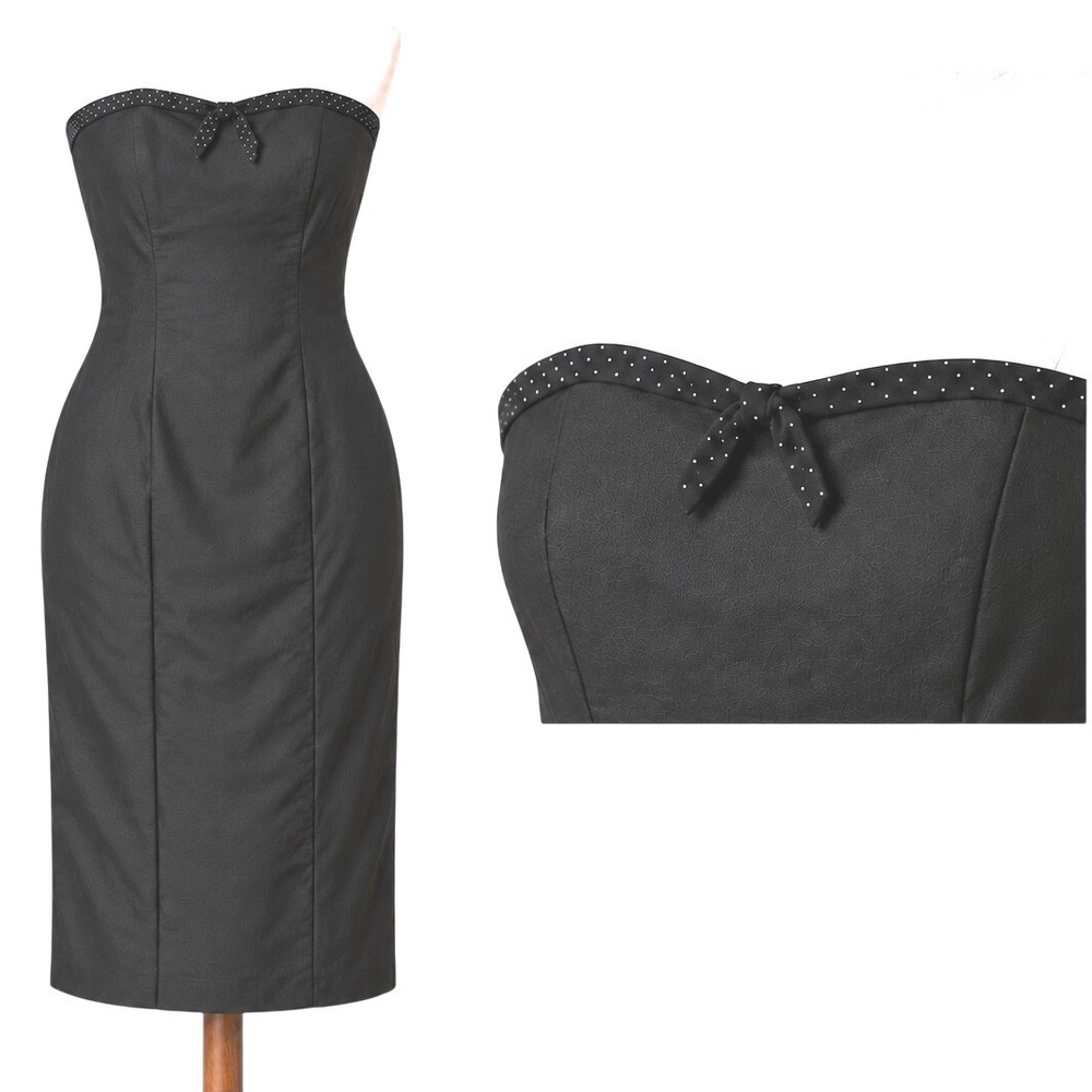 Black Strapless Linen Blend Sheath Dress Laura Ashley Polka Dot Bow Y2K Sz 8 LBD